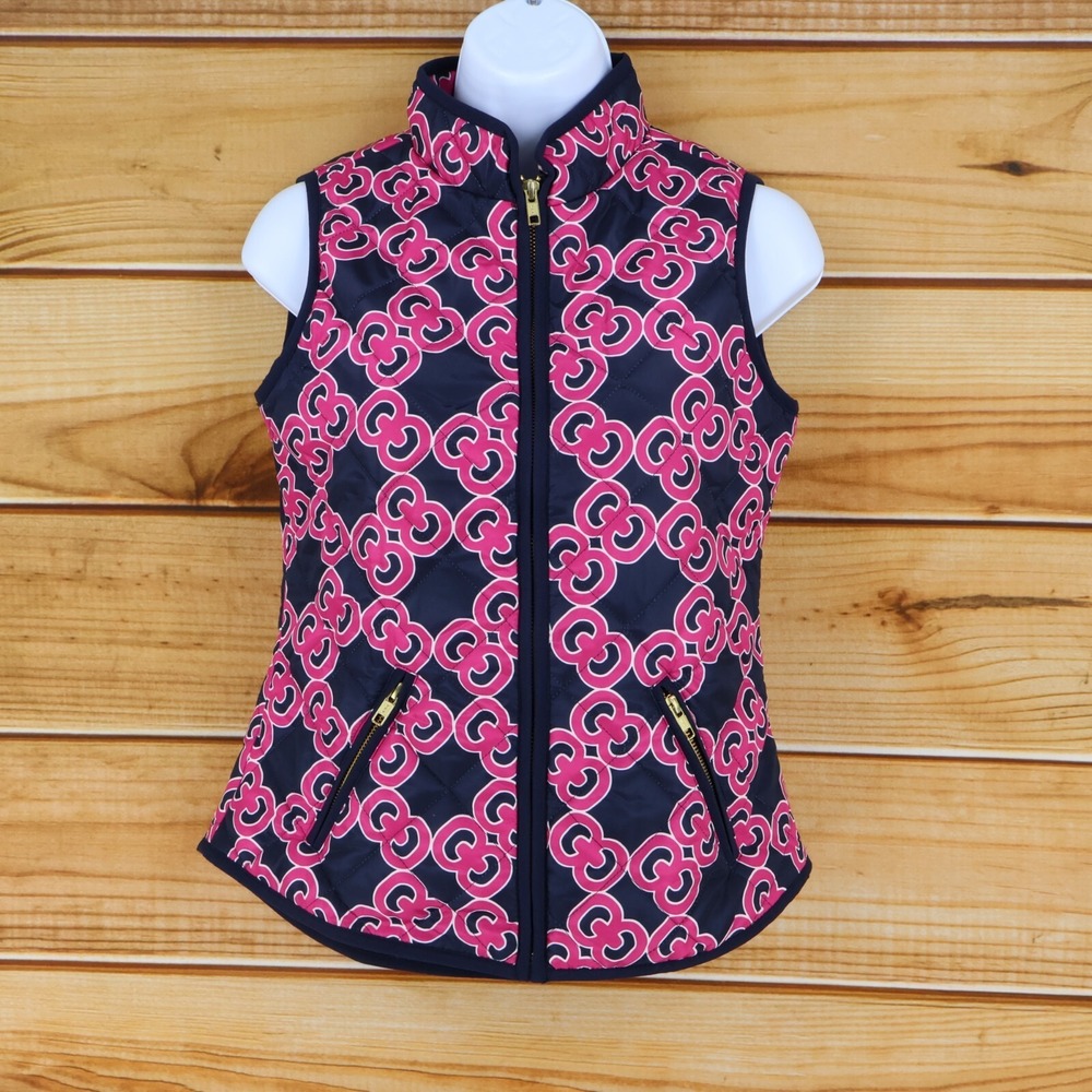 Crown & Ivy Quilted Vest‎ Womens PP Blue Pink Geometric Zipped Pockets Mock Neck